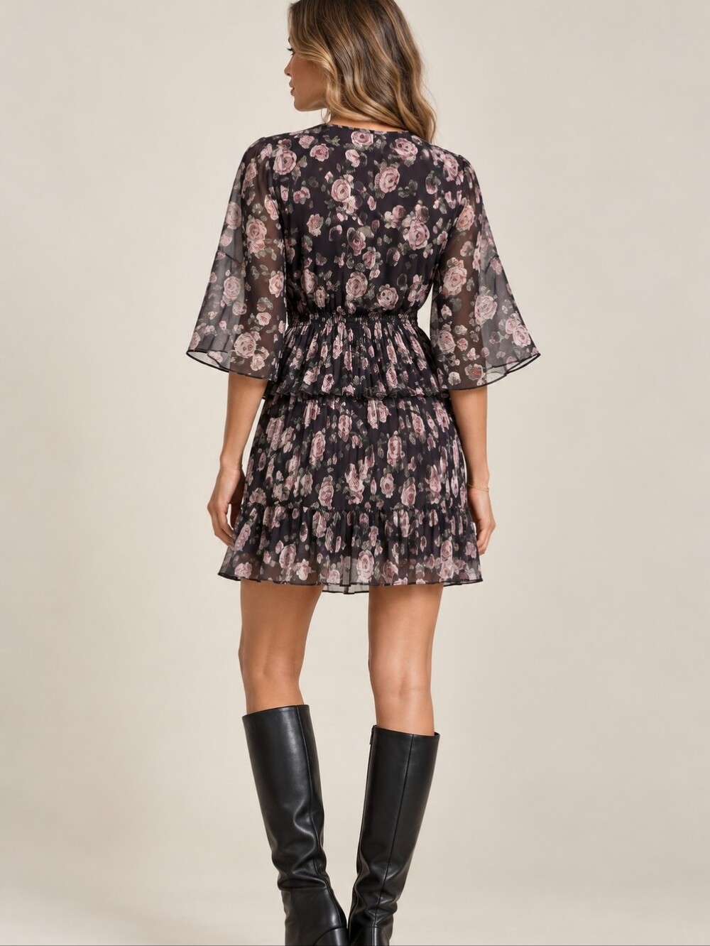 NWT GANNI Pleated Georgette V Neck Flounce Mini Dress In Phantom Floral Size 0 - Picture 2 of 14